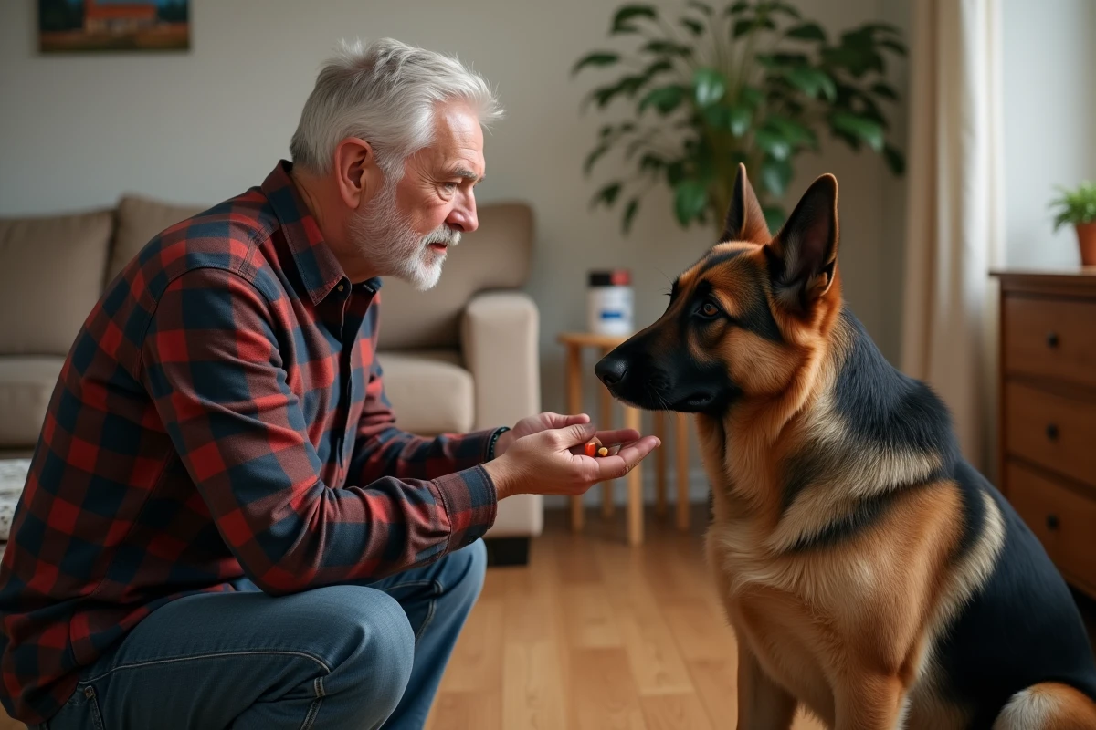 Propriétaire âgé donnant un médicament à son berger allemand à la maison, représentant l'administration de la gabapentine pour chien
