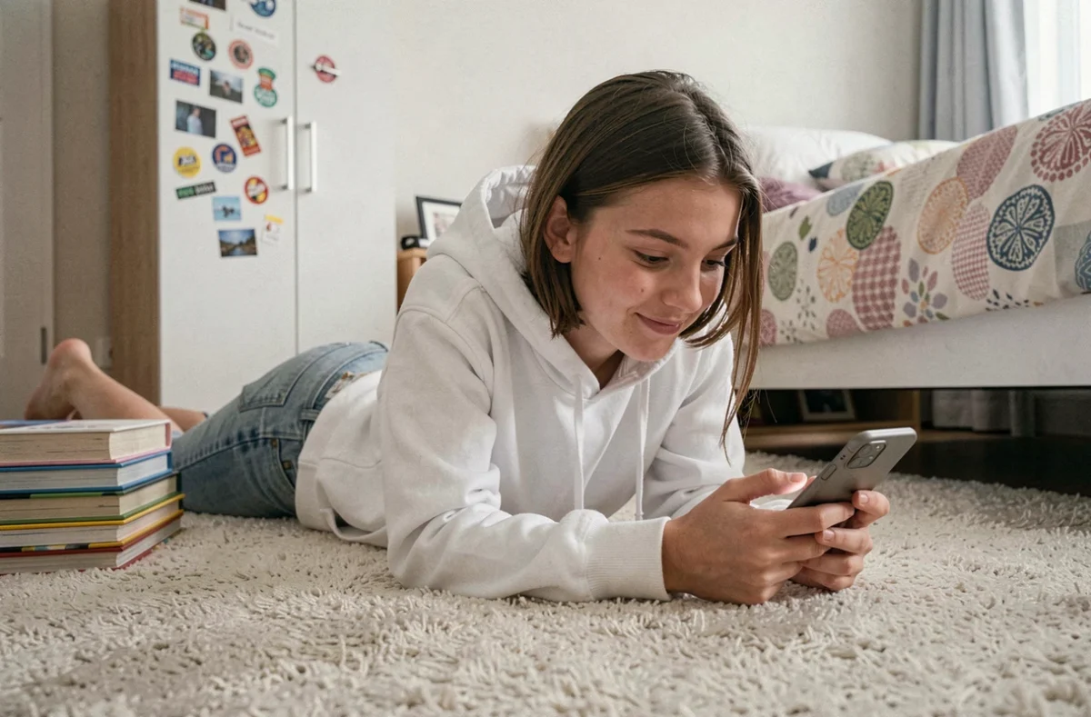 Adolescente explorant la navigation d'un site web sur son smartphone allongée dans sa chambre