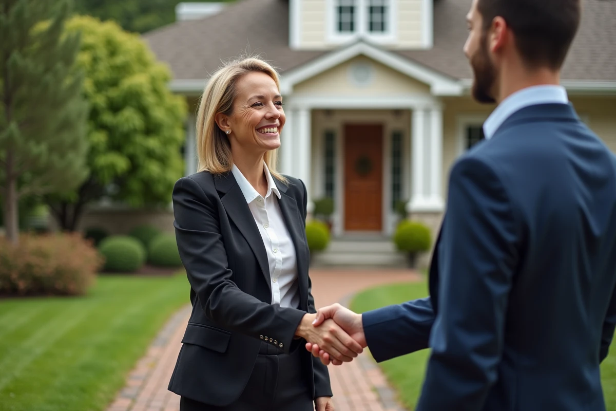 Agent immobilier serrant la main d’un acheteur devant une maison