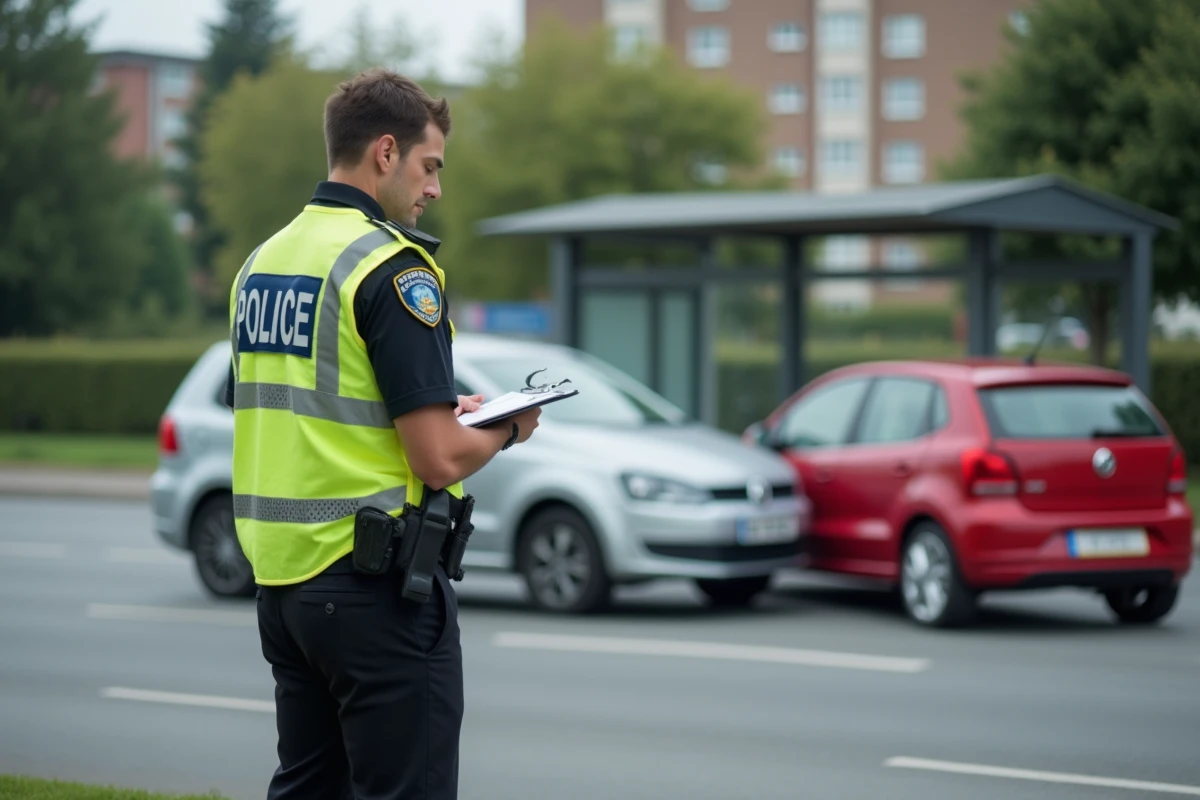 Jeune agent de police note un rapport lors d un accident