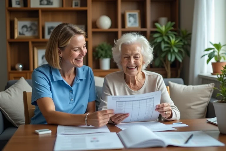 Aide-soignante souriante avec une personne âgée à la maison