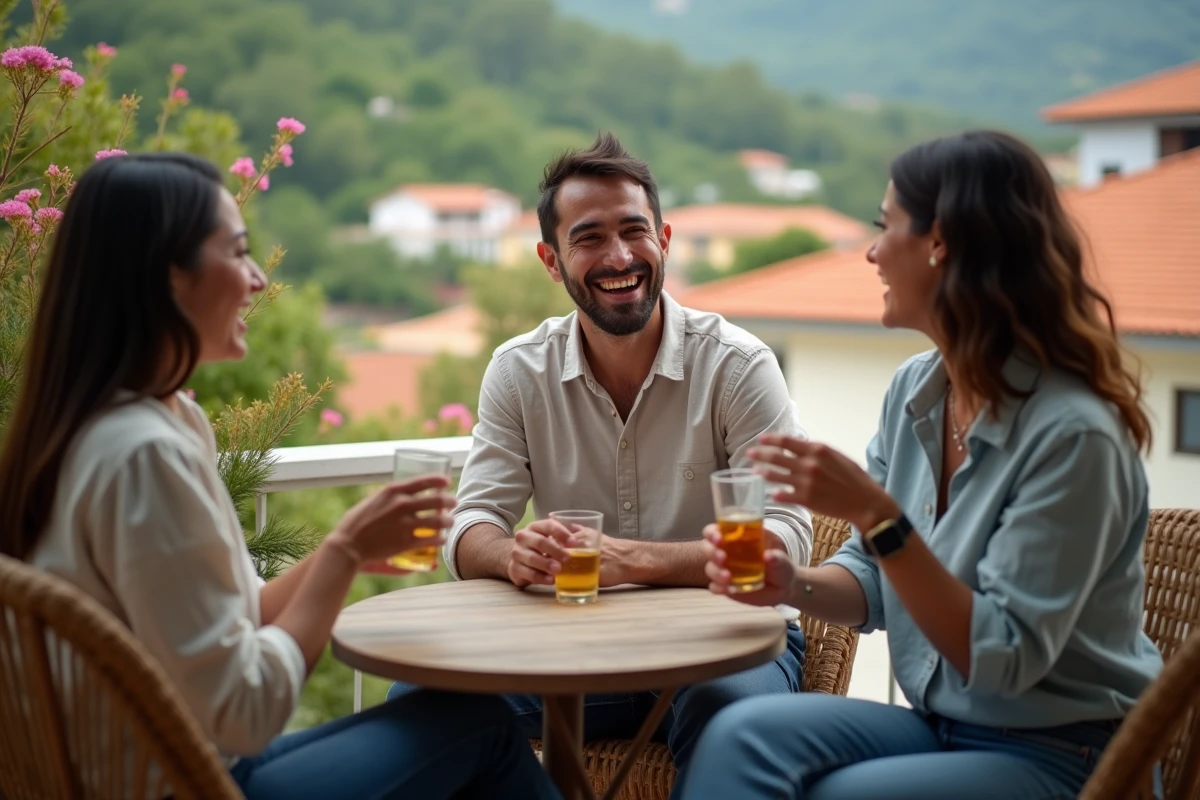 Groupe d'amis colombiens trinquant à l'aguardiente sur une terrasse avec vue sur Medellín