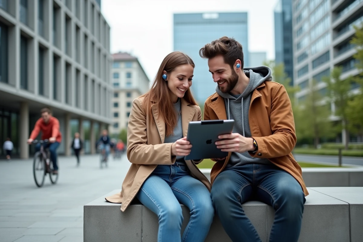 Deux amis découvrant les tendances high-tech sur une tablette en plein air en ville