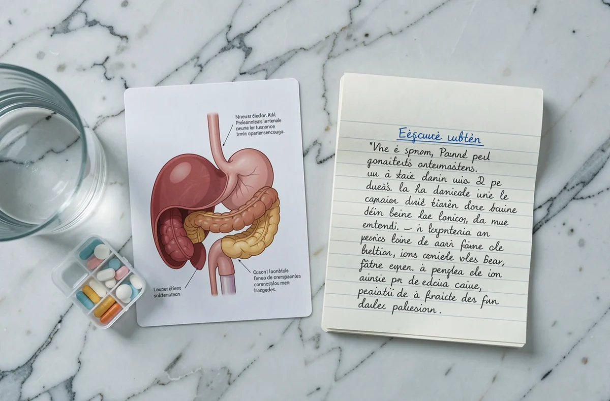 Vue de dessus d'un document anatomique illustrant l'estomac et le pancréas, accompagné de notes sur les symptômes digestifs