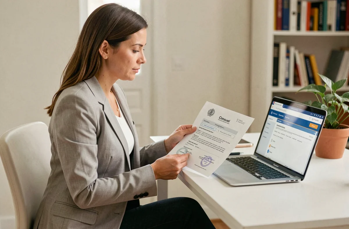 Femme consultant une attestation Consuel imprimée devant un ordinateur portable dans un bureau à domicile bien organisé