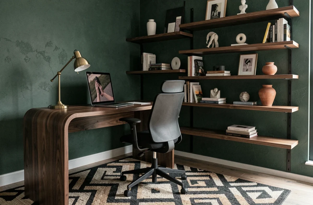 Bureau design moderne avec bureau en noyer courbe, mur vert foncé et étagères décoratives pour un intérieur tendance et inspirant