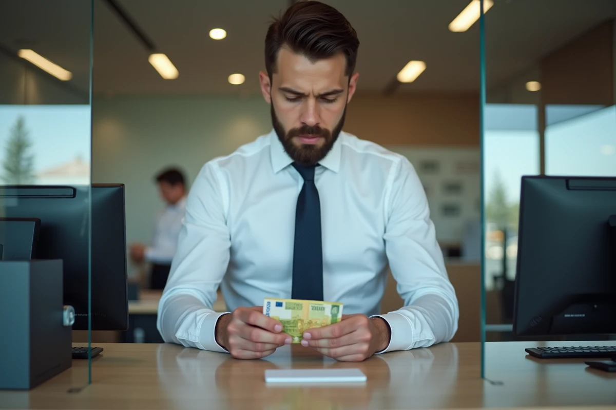 Caissier de banque comptant des billets en euros lors d'un retrait au guichet