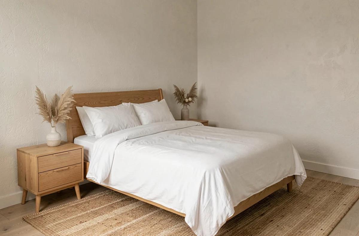 Chambre à coucher de style scandinave mise en scène pour valoriser un bien immobilier, literie blanche et mobilier en chêne naturel