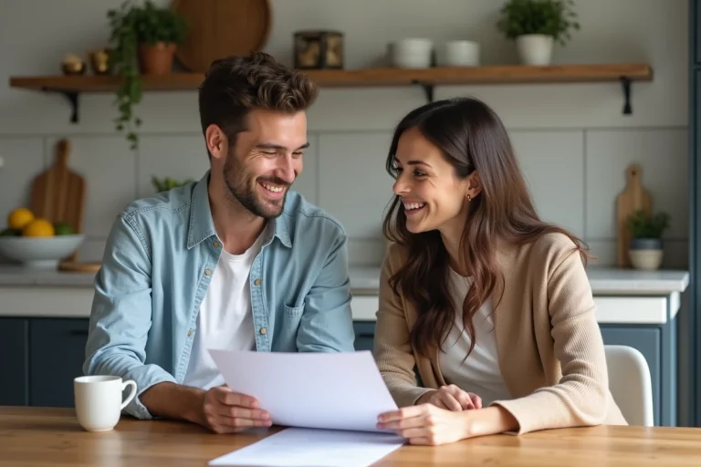 Couple souriant dans la cuisine en train de revoir des documents immobiliers