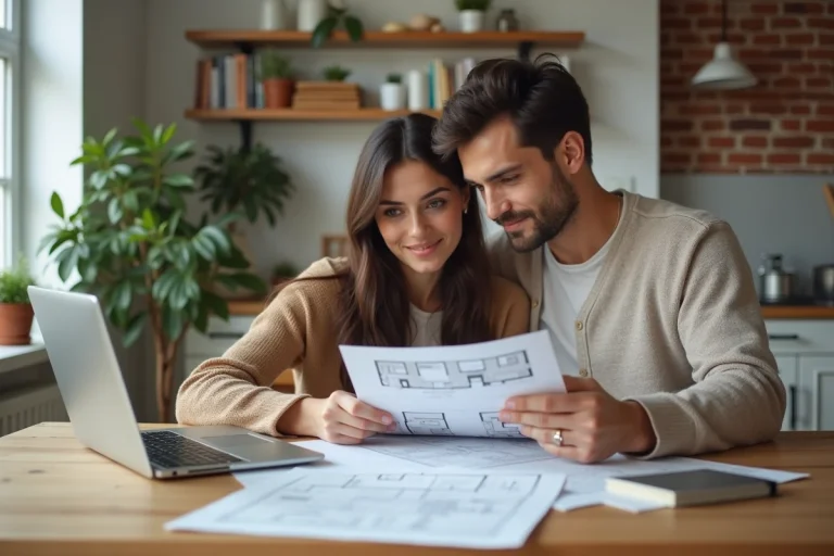 Couple examinant des plans immobiliers et un ordinateur portable pour préparer leur projet d'achat immobilier