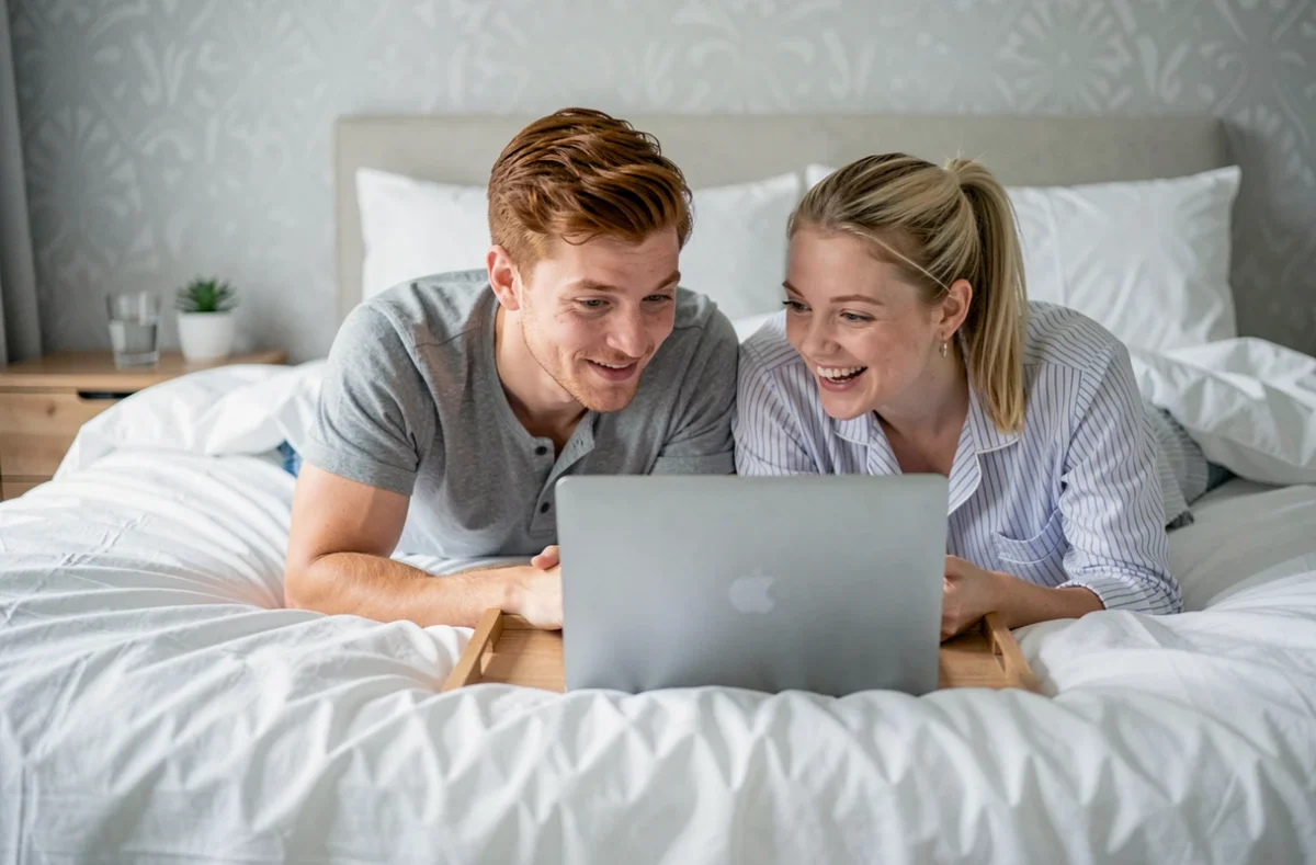 Couple regardant une série ensemble sur un ordinateur portable dans leur chambre à coucher