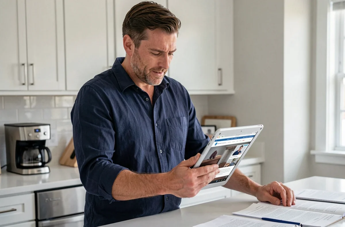 Créateur d'entreprise consultant un service d'annonces légales en ligne sur tablette depuis son domicile