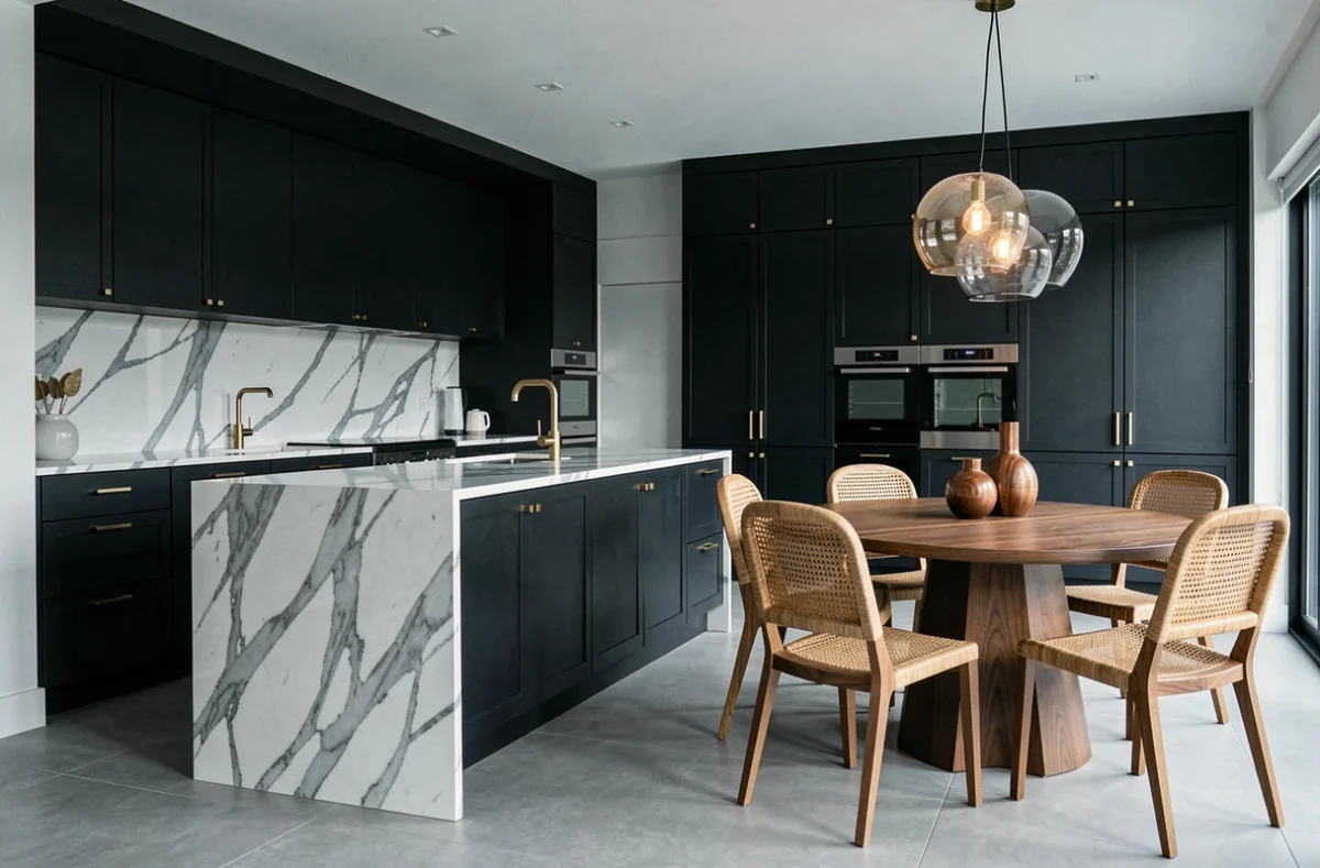 Cuisine ouverte contemporaine avec îlot en marbre Calacatta, façades noires mates et salle à manger en rotin pour une décoration intérieure design haut de gamme