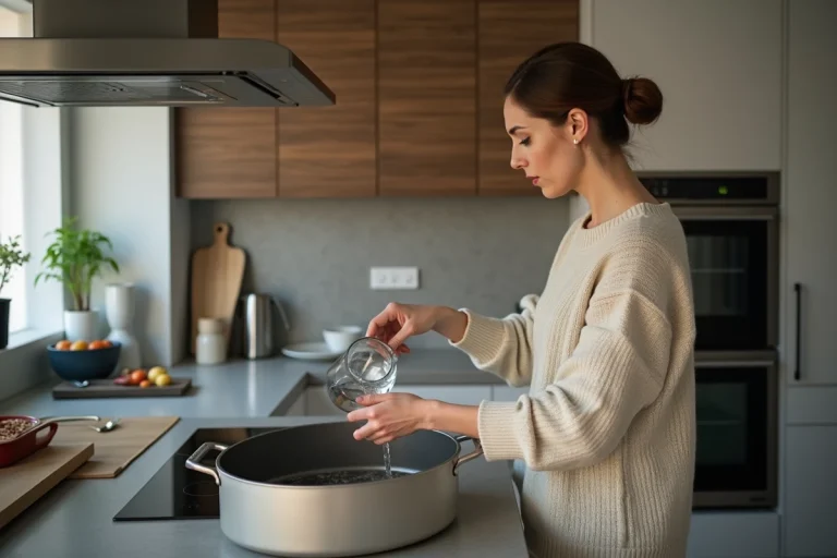 Femme versant de l'eau dans un bain marie dans un four moderne