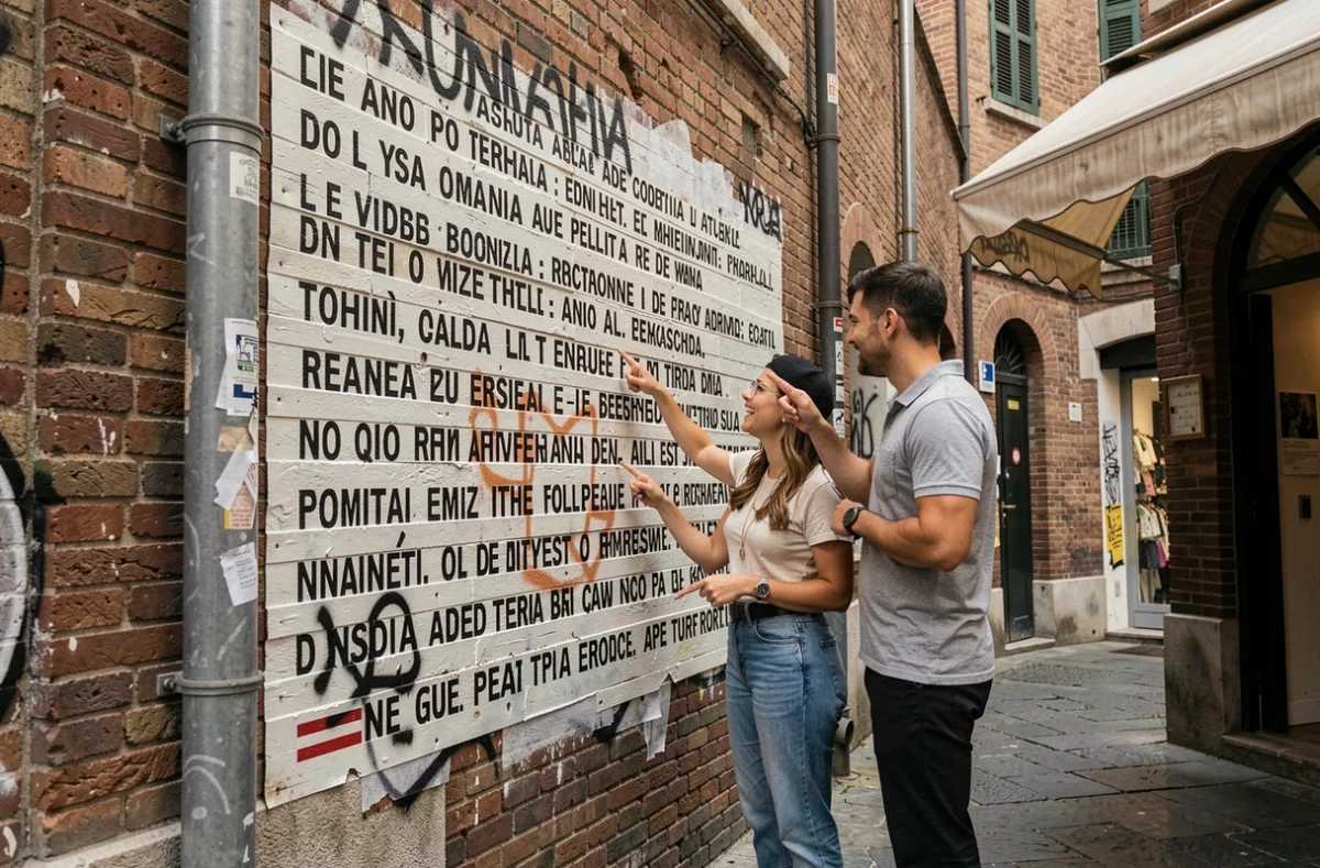 Deux jeunes adultes discutant devant un mur de graffitis antifascistes en italien et en français dans une ruelle urbaine européenne