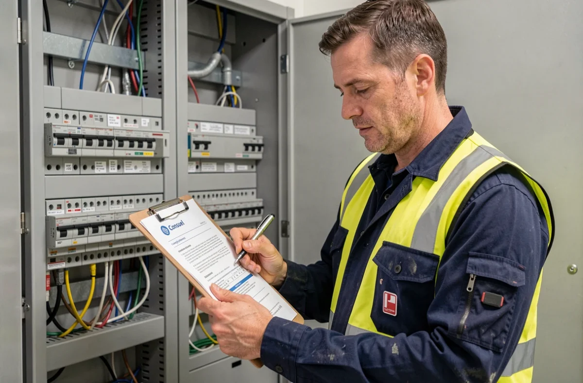 Électricien en tenue de travail consultant un document officiel Consuel devant un tableau électrique résidentiel moderne