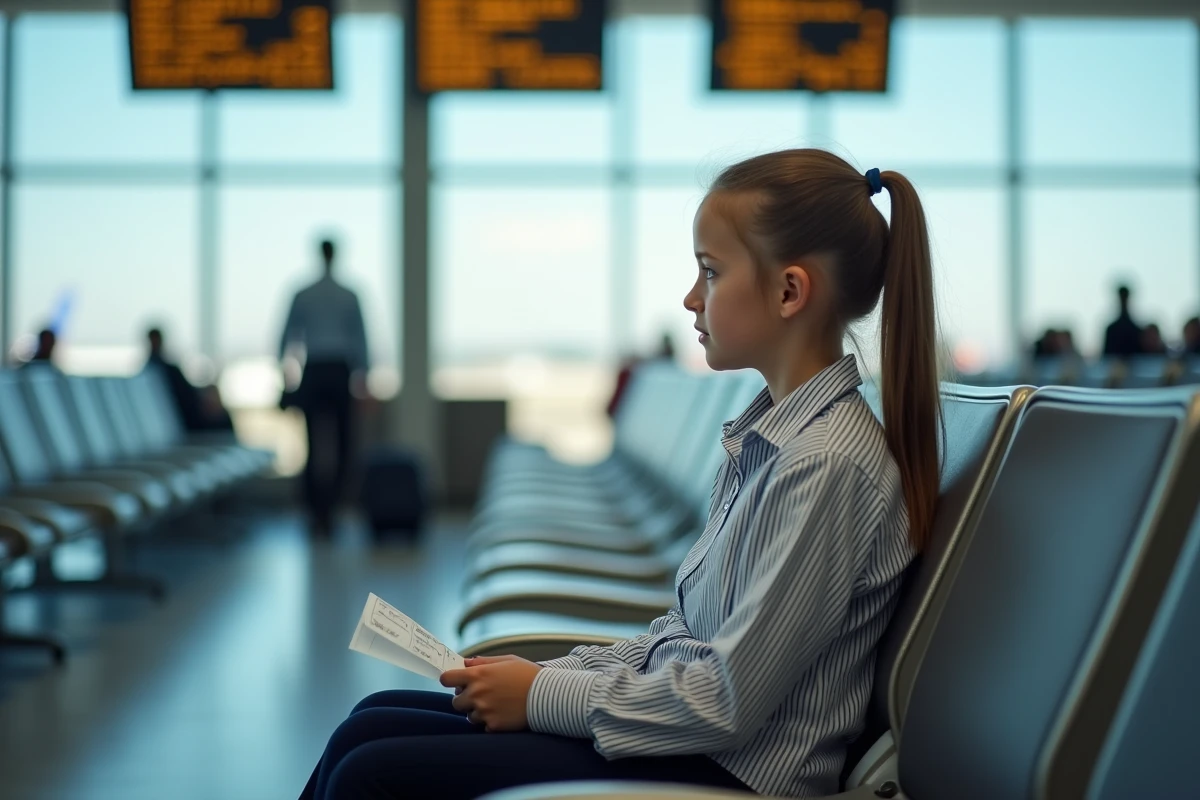 Fillette de 12 ans assise seule dans la salle d'embarquement d'un aéroport avec sa carte d'embarquement Transavia