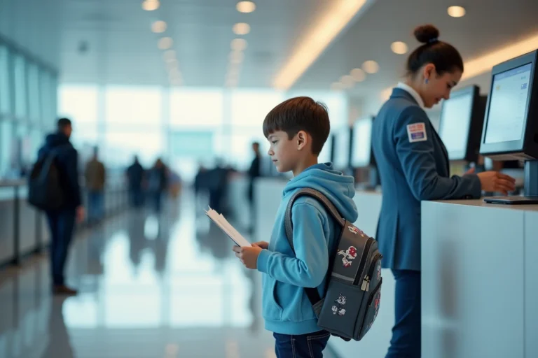 Jeune garçon d'environ 10 ans remettant ses documents à un agent Transavia au comptoir d'enregistrement d'un aéroport