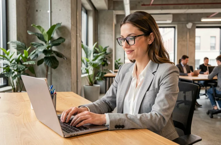 Femme entrepreneur publiant une annonce légale en ligne depuis un espace de coworking moderne