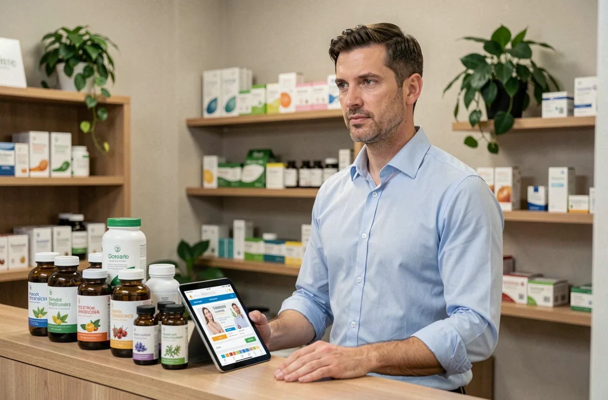 Professionnel de santé présentant des compléments alimentaires et produits bien-être dans une boutique spécialisée