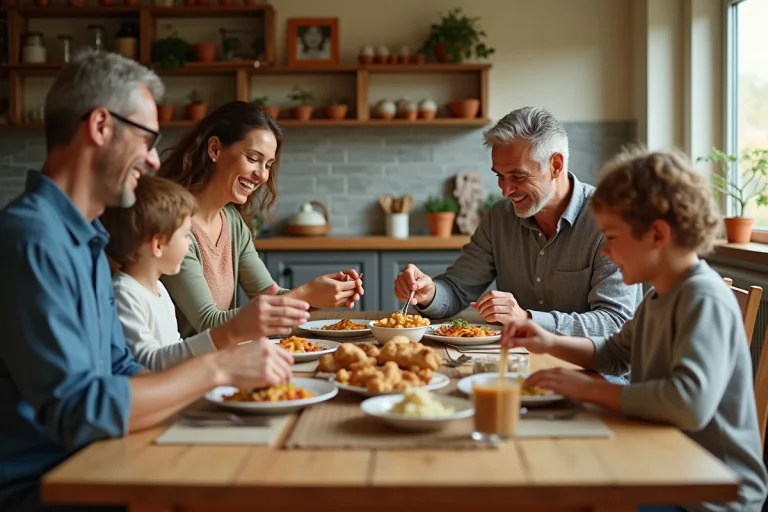 Famille multigénérationnelle partageant un repas du dimanche autour d'une grande table en bois dans une cuisine chaleureuse