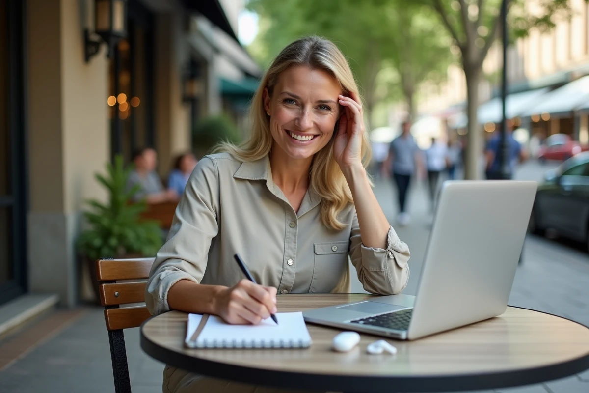 Femme prenant des notes avec ordinateur dans un café urbain