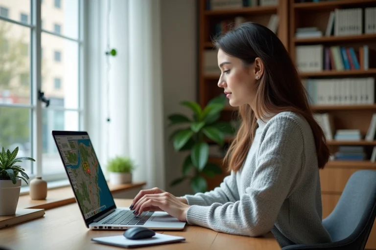 Femme utilisant un ordinateur portable pour calculer un itinéraire de trajet sur une application de navigation comme Mappy