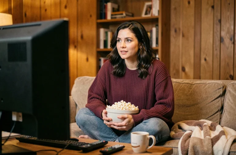 Femme installée confortablement sur un canapé avec du popcorn, regardant une série télévisée le soir