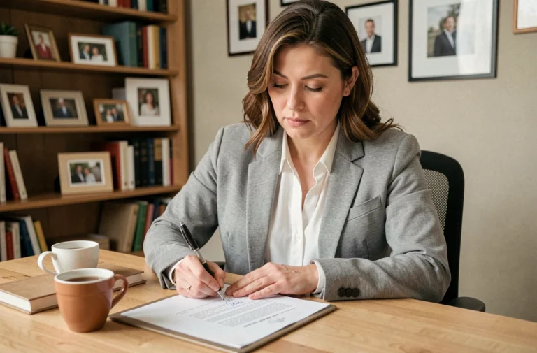 Femme écrivant son nouveau nom sur un document officiel dans un bureau à domicile chaleureux, illustrant le changement de nom de Yakriv