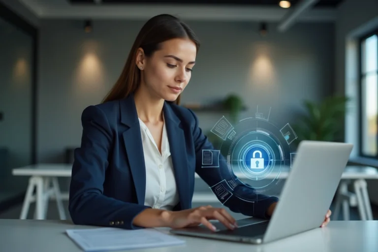 Femme professionnelle utilisant un coffre-fort numérique sur ordinateur portable dans un bureau moderne