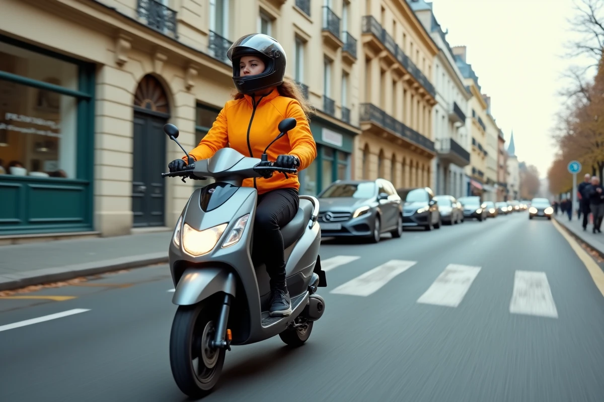 Jeune femme conduisant un scooter 125cc en ville sur un boulevard parisien