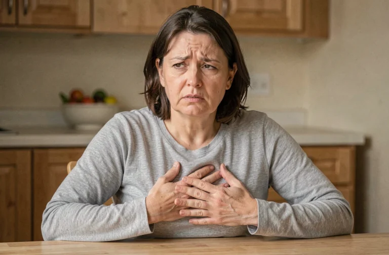 Femme tenant son abdomen supérieur avec une expression de douleur, illustrant les symptômes de douleurs d'estomac ou de pancréas
