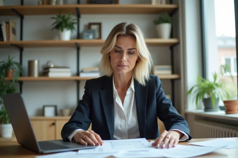 Femme confiante en bureau immobilier avec documents
