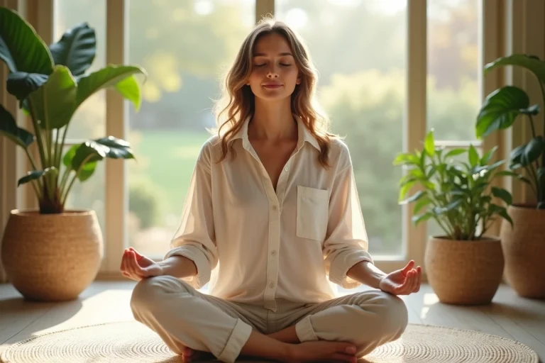 Femme méditant paisiblement dans un intérieur naturel