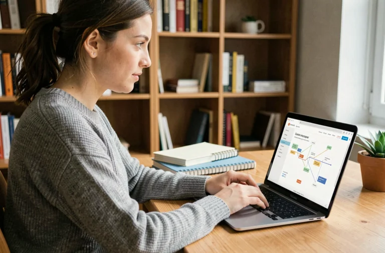 Jeune femme naviguant sur un plan de site depuis son ordinateur portable dans un bureau à domicile organisé