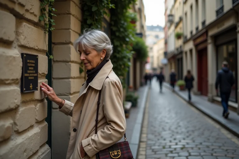 Femme parisienne en trench lisant une plaque ancienne