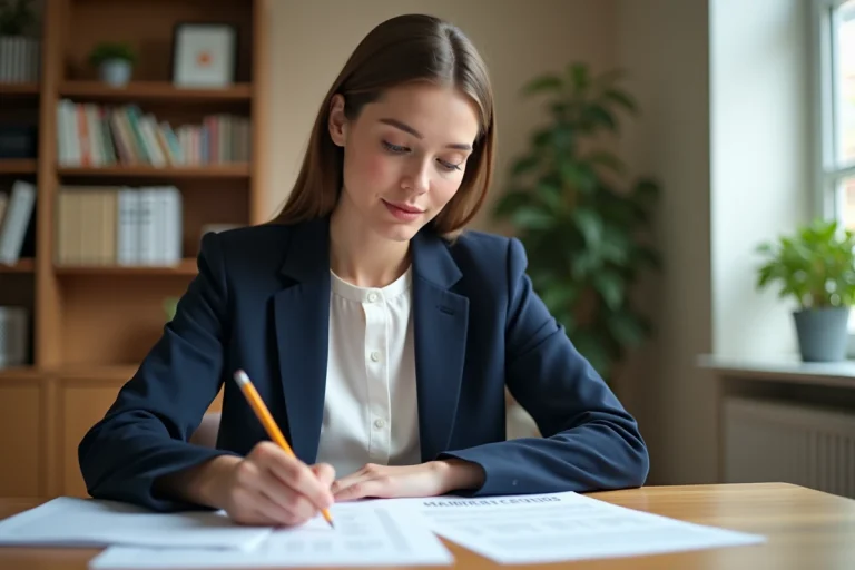 Jeune femme concentrée qui prépare les tests psychotechniques SNCF avec des feuilles d'exercices sur un bureau en bois