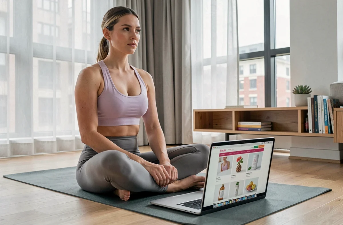 Jeune femme naviguant sur un site de beauté et santé en ligne depuis son salon sur un ordinateur portable