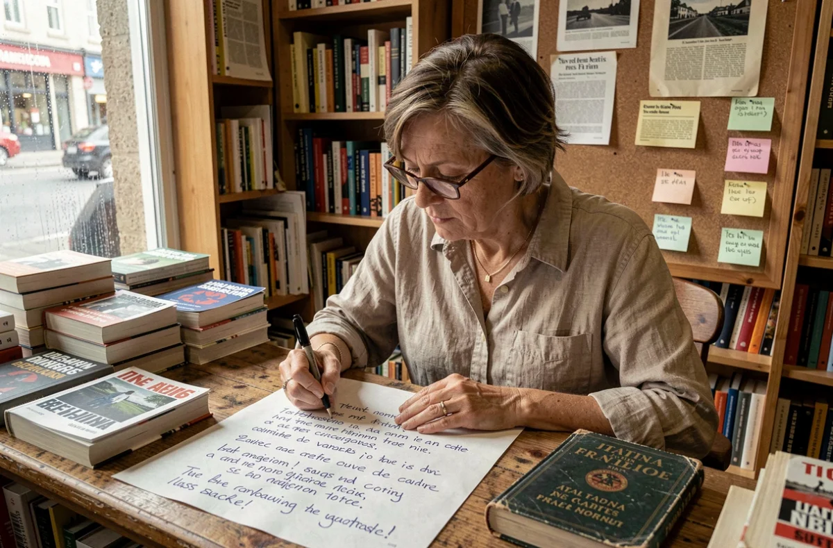 Femme étudiant les variantes linguistiques du slogan antifasciste dans une librairie indépendante entourée de livres et de pamphlets politiques
