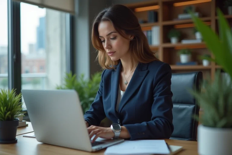 Femme professionnelle en costume bleu met à jour son CV au bureau