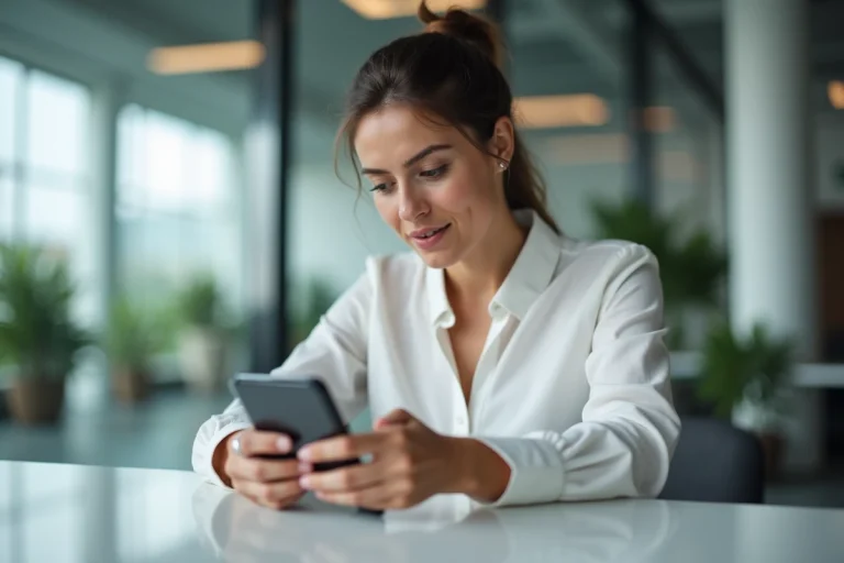 Femme utilisant un smartphone pliable dans un espace de travail high-tech moderne