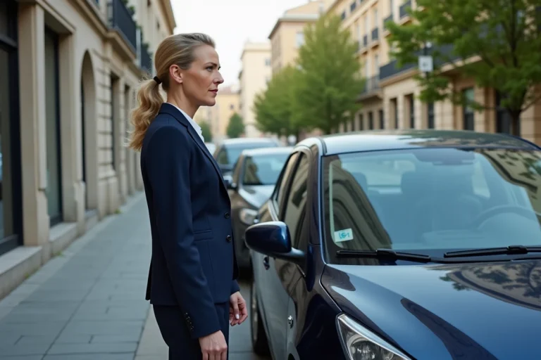 Femme d affaires examine sa voiture endommagée en ville