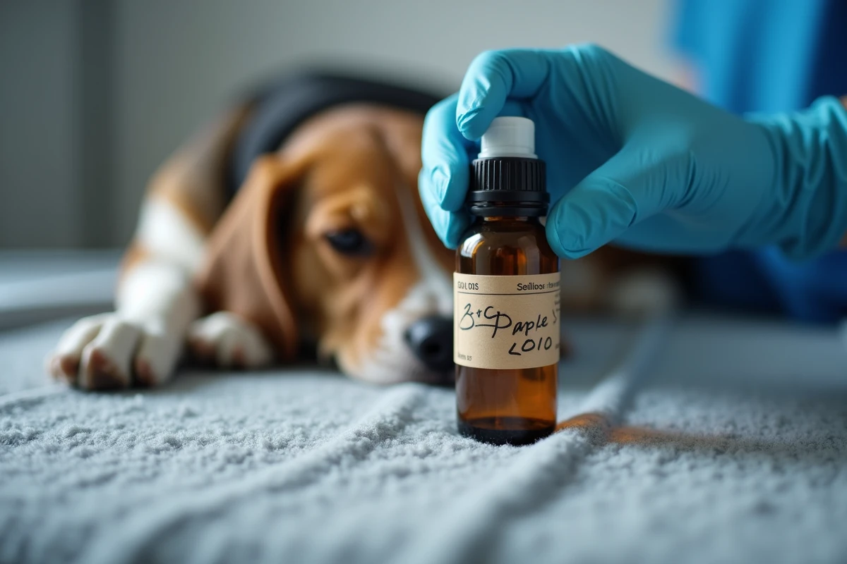 Gros plan sur un flacon de prescription vétérinaire posé près d'un beagle au repos, illustrant le dosage de la gabapentine pour chien