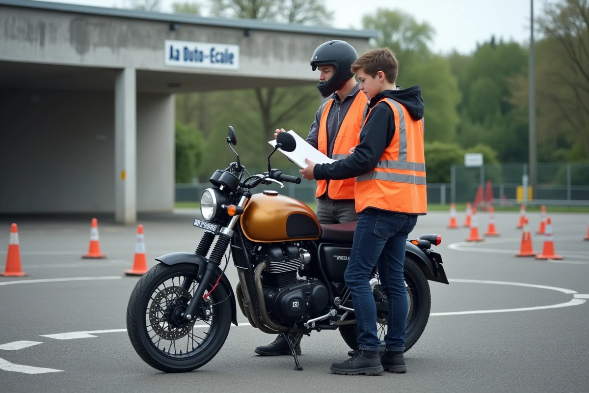 Moniteur d'auto-école et élève en formation moto 125 sur un circuit d'entraînement