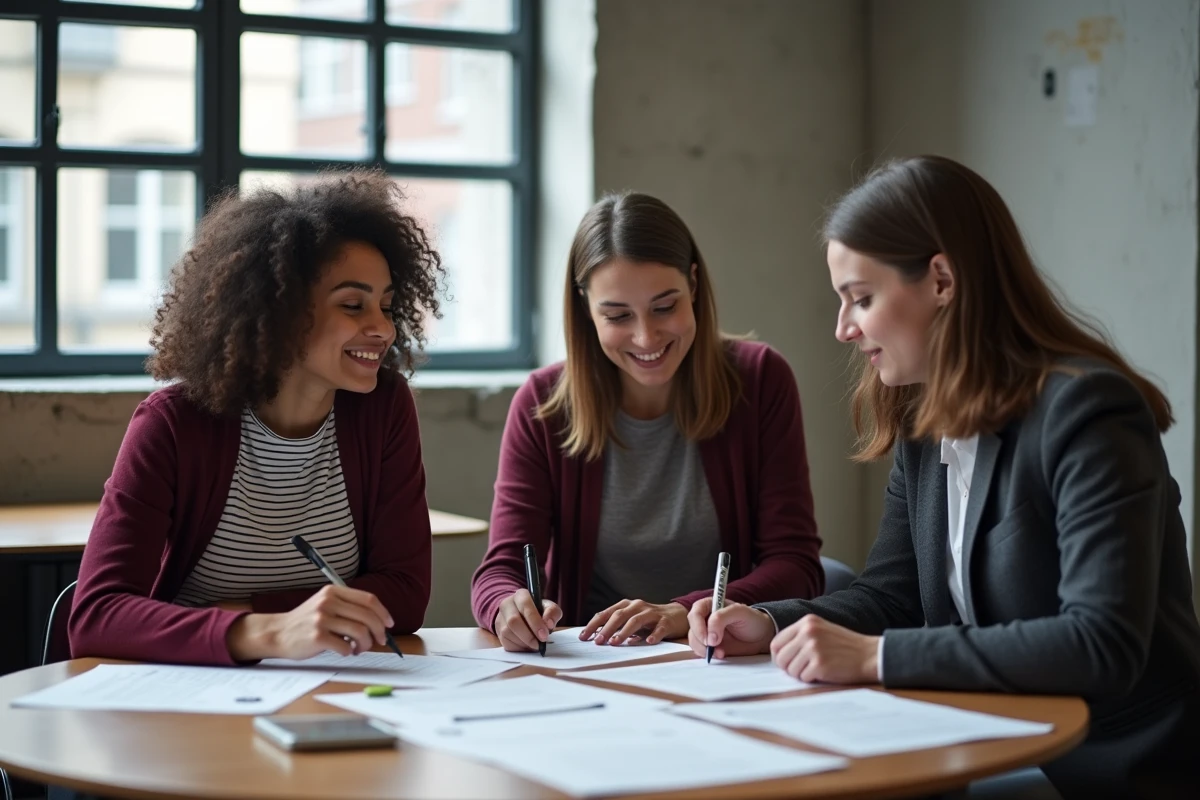Groupe de candidats préparant ensemble les tests psychotechniques et logiques pour un recrutement à la SNCF dans un espace de coworking