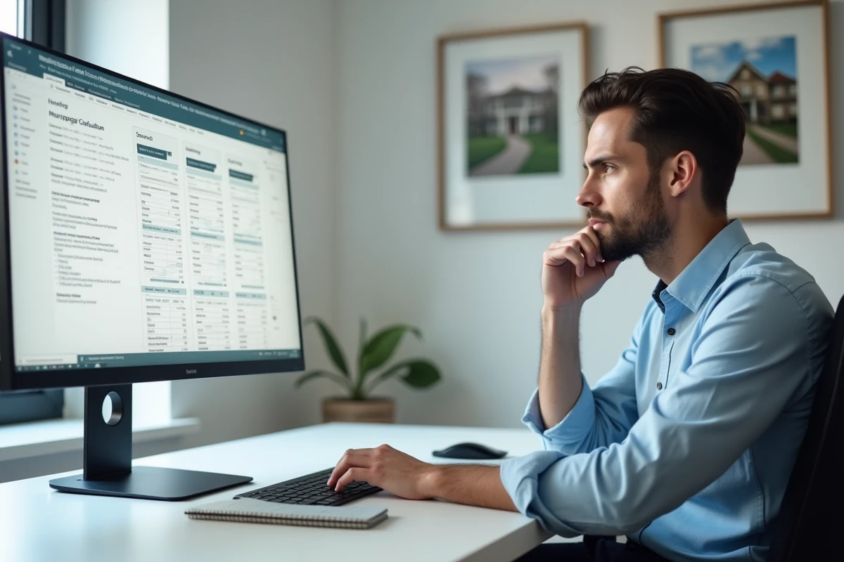 Homme calculant son budget immobilier sur ordinateur avec des outils de simulation de prêt et de financement