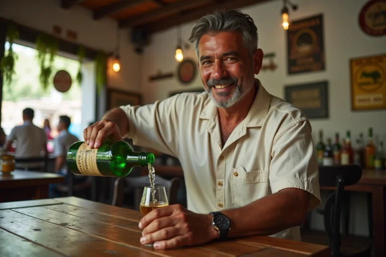 Homme colombien versant de l'aguardiente dans un verre dans une tienda traditionnelle rustique