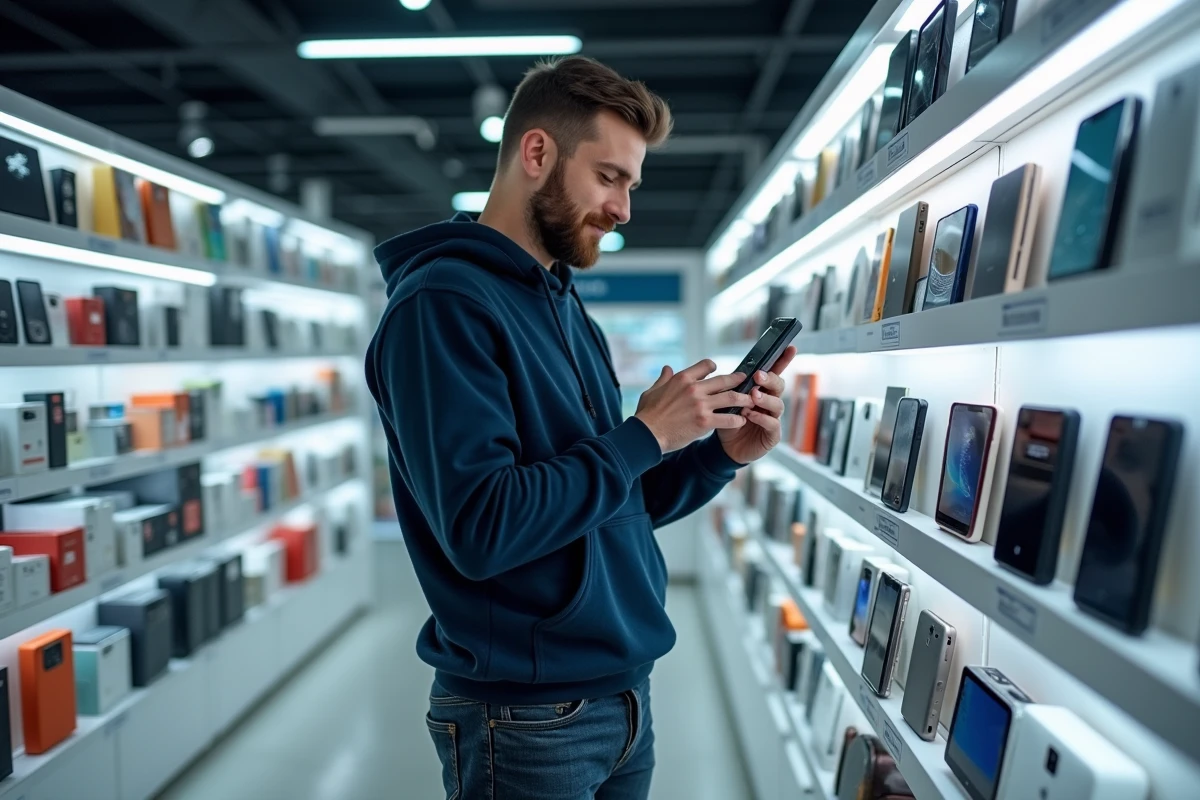 Homme comparant des appareils high-tech dans un magasin d'électronique moderne