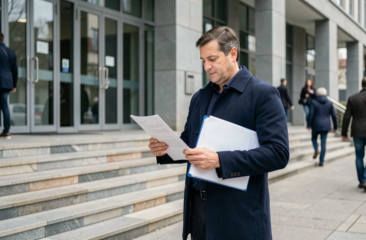 Homme tenant des documents administratifs devant un bâtiment officiel, symbolisant les démarches liées au changement de nom Yakriv
