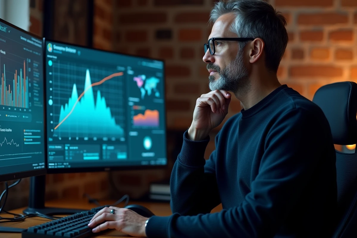 Homme devant un grand écran incurvé affichant des visualisations de données et une interface d'intelligence artificielle